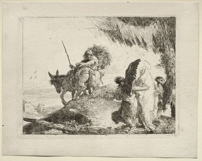 Die Flucht nach Ägypten: Die Flucht mit der Madonna rechts, unterstützt von Engeln von Giovanni Domenico Tiepolo