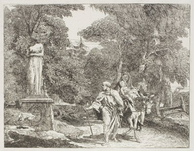 Die Heilige Familie passiert eine Statue, deren Kopf zu Boden fällt, Platte 22 aus Die Flucht nach Ägypten von Giovanni Domenico Tiepolo
