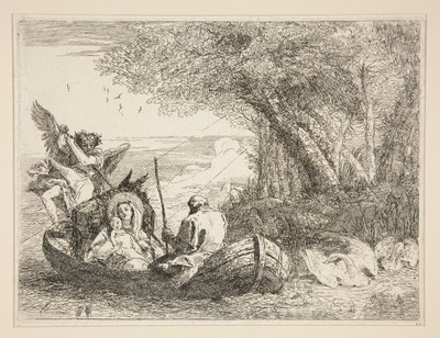 Die Heilige Familie reist mit dem Boot, aus der Serie Malerische Ideen über die Flucht nach Ägypten von Giovanni Domenico Tiepolo