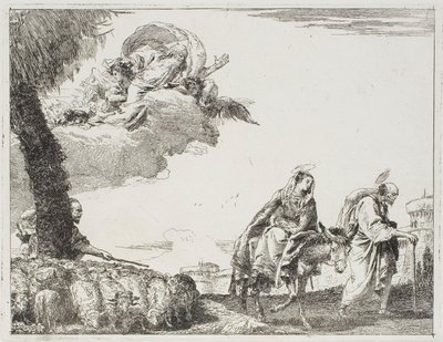 Die Heilige Familie geht entlang einer Stadtmauer. Links ein Hirte mit seiner Herde und Gott der Vater, Platte acht aus Die Flucht nach Ägypten von Giovanni Domenico Tiepolo