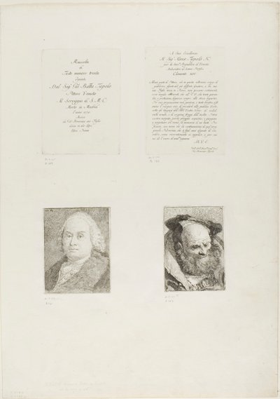 Titelseite, Widmung, Porträt von Giambattista Tiepolo, bärtiger alter Mann von Giovanni Domenico Tiepolo