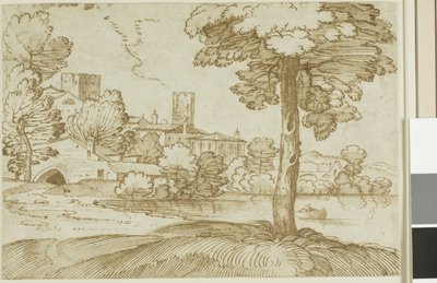 Landschaft mit einem großen Baum rechts und einer fernen Ansicht einer Stadt links von Giovanni Francesco Grimaldi