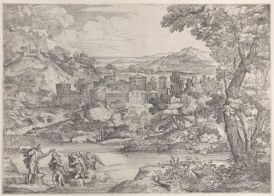 Die Taufe Christi unten links, in einer Landschaft von Giovanni Francesco Grimaldi