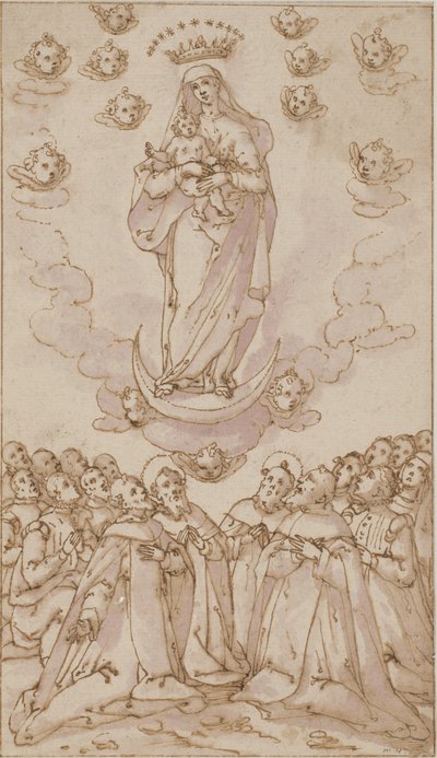Madonna und Kind auf einer Mondsichel, die einer Gruppe von Heiligen, Priestern und Laien erscheint von Giovanni Guerra