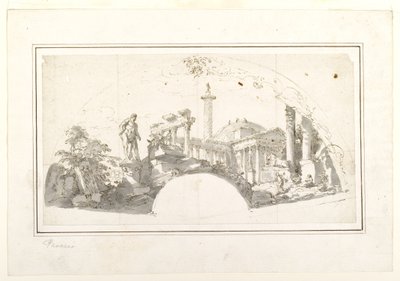 Entwurf für einen Fächer: Capriccio mit römischen Ruinen und dem Farnese-Herkules von Giovanni Paolo Panini