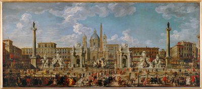 Vorbereitungen für das Feuerwerk und die Dekoration des Festes auf der Piazza Navona in Rom am 30. November von Giovanni Paolo Pannini or Panini