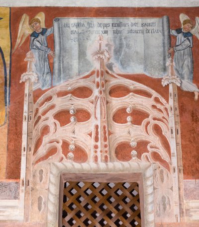 Botoneris Widmungsinschrift „Diese Kapelle von San Magno wurde mit frommen Almosen gespendet von Giovanni di Cherasco Botoneri