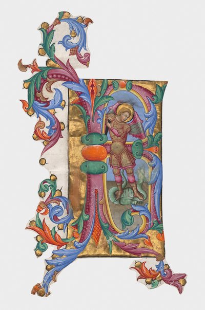 Initiale R oder B: Heiliger Michael und der Drache, Ausschnitt aus einem Antiphonar von Giovanni di Paolo