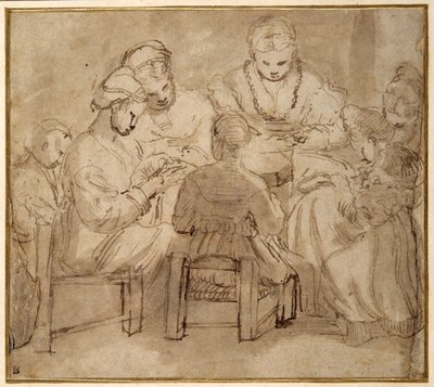 Frauen und Mädchen sitzen um einen Tisch und nähen von Girolamo Romanino