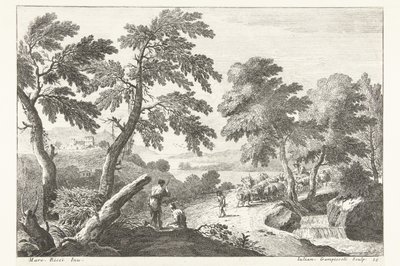 Landschaft mit Hirten auf dem Weg entlang eines kleinen Wasserfalls (Italiaanse landschappen) von Giuliano Giampiccoli