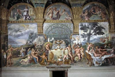Das edle Bankett zur Feier der Hochzeit von Amor und Psyche, Südwand des Raumes von Amor und Psyche, ca. 1527-31 (Fresko) von Giulio (and workshop) Romano