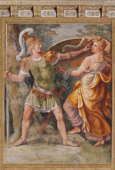 Thetis übergibt Achilles die von Hephaistos (Vulkan) geschmiedeten Waffen, Das Trojanische Pferd, Kammer von Troja (Sala di Troia) von Giulio (and workshop) Romano