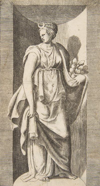 Diana, die in ihrer linken Hand Früchte hält und in einer Nische steht, ca. 1531-76 von Giulio Bonasone