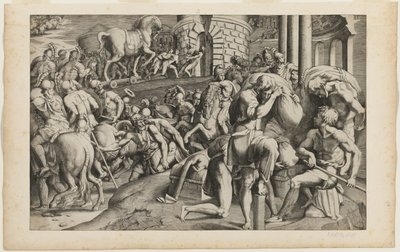 Das Trojanische Pferd wird in die Stadt Troja gezogen von Giulio Bonasone
