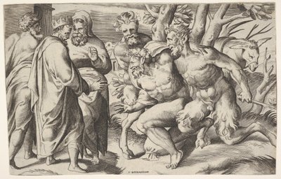 Zwei Satyrn führen Silenus zu König Midas, ca. 1550-80 von Giulio Bonasone