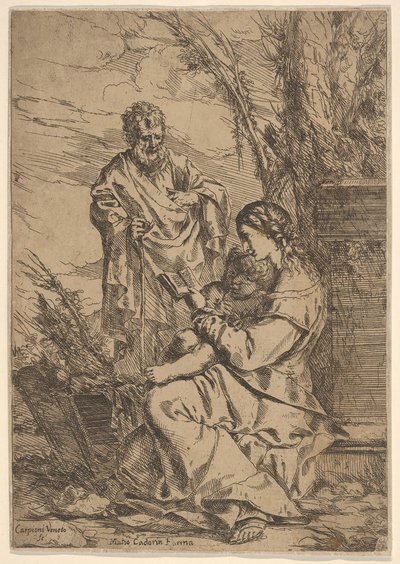 Heilige Familie mit der lesenden Jungfrau, die Jungfrau sitzt im Profil mit einem Buch in ihrer linken Hand..., 1640-60 von Giulio Carpioni