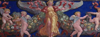 Fries aus der Camera con Fregio di Amorini (Detail eines Engels in goldenem Kleid mit ausgebreiteten Flügeln) von Giulio Romano