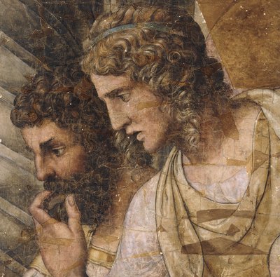 Zwei Männer, Brustlänge, nach unten schauend: Ein Cartoon für einen Wandteppich von Giulio Romano