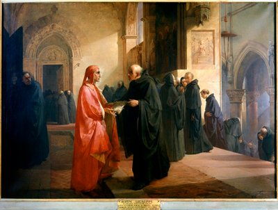 Dante Alighieri überreicht Bruder Ilario ein Notizbuch mit einem Teil der Göttlichen Komödie von Giuseppe Bertini