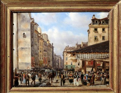 Les Halles und die Rue de la Tonnellerie im Jahr 1828: Ansicht von Paris im 19. Jahrhundert. Gemälde von Giuseppe Canella (1788-1847) von Giuseppe Canella