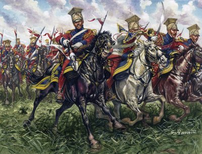 Erstes Kaiserreich: Die Roten Lanzen oder Regiment der Pferdejäger der Kaiserlichen Garde während der Schlacht bei Waterloo am 18.06.1815 von Giuseppe Rava