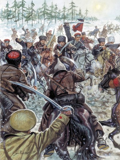 Russischer Bürgerkrieg (1917-1923): Kaukasische Soldaten an der Seite der Weißen Armeen im Jahr 1919 - Illustration von Giuseppe Rava von Giuseppe Rava