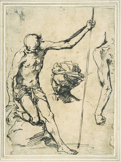 Figurenstudien: Mann mit Stange, Kopf eines Mannes mit Turban und ein linker Arm von hinten gesehen von Giuseppe Ribera