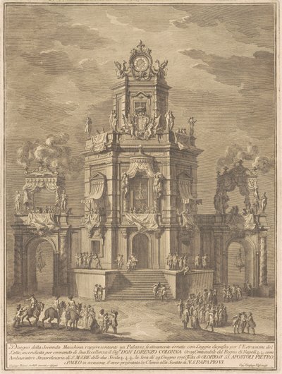 Die zweite Maschine für die Chinea von 1776: Ein Palast mit einer Loggia für die Lotterieziehung von Giuseppe Vasi, after Giuseppe Palazzi