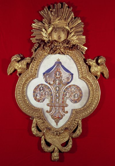 Die Blume Frankreichs, genealogischer Baum mit dreizehn Porträts von Ludwig XV. (1710-74) und seinen Nachkommen in einem fleur-de-lys-förmigen Rahmen, 1765 (Gold und Emaille) von Glokeur de Surchamps