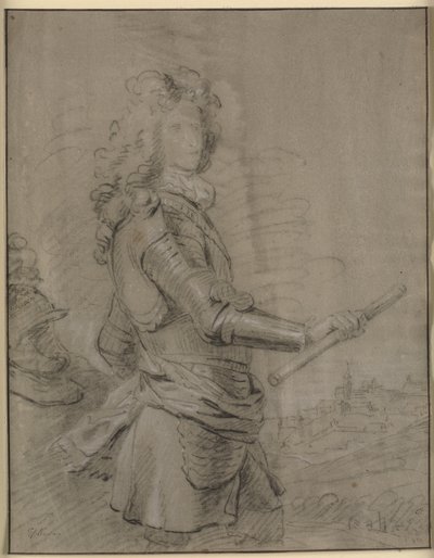 Dreiviertelporträt eines Kommandanten in Rüstung mit einem Stab in der rechten Hand. Im Hintergrund eine Landschaft mit einer Stadt von Godfrey Kneller