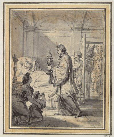 Mann auf seinem Sterbebett mit Priester und anderen von Godfried Maes