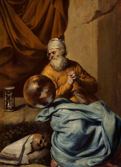 Alter Mann mit einer Kugel, einer Sanduhr, einem Schädel und Büchern (Vanitas?) von Gonzales Coques