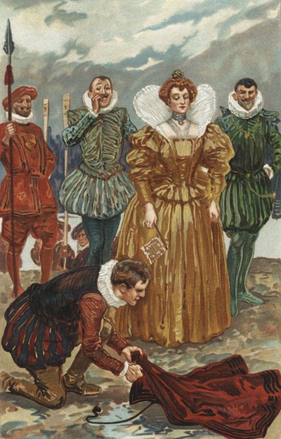 Sir Walter Raleigh bietet Königin Elizabeth I. seinen Mantel an von Gordon Frederick Browne