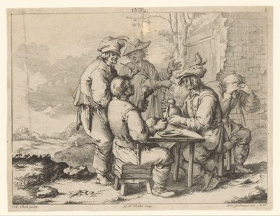 Fünf Bauern am Tisch im Freien von Gottlieb Friedrich Riedel