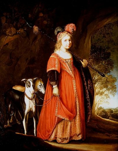 Porträt eines jungen Mädchens als Diana, in einer Lichtung mit zwei Windhunden von Govaert Flinck