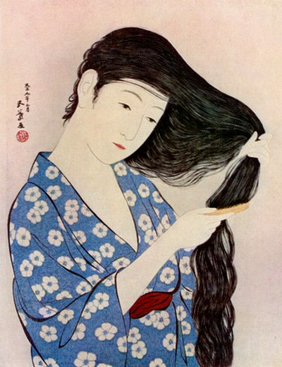Eine japanische Frau kämmt ihr Haar, 1920-1930 von Goyo Hashiguchi