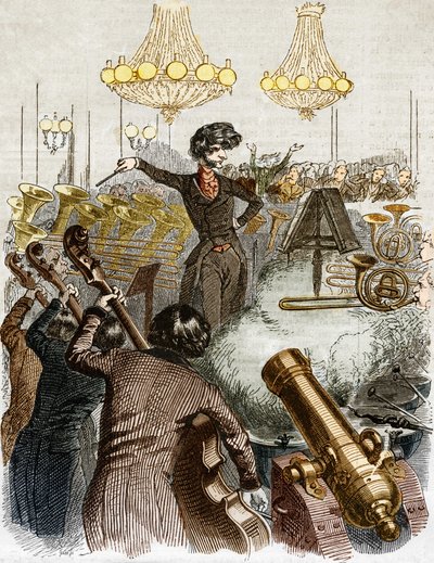 Ein Konzert hat ein Maschinengewehr. Karikatur von Hector Berlioz, der ein Orchester dirigiert. In „Jerome Paturot auf der Suche nach einer sozialen Position“ illustriert von Grandville. von Grandville