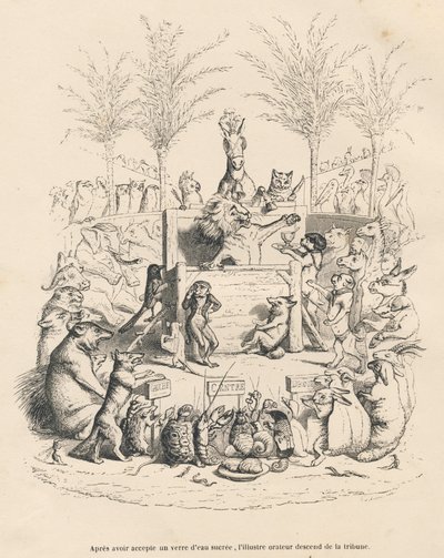 Politische Rede des Löwen auf einer Tribüne, umgeben von allen anderen Tieren. Vignetten illustriert von JJ Granville. Gravur signiert von Godard im Prolog "Parlamentarische Zusammenfassung" geschrieben von PJ Stahl in "Szenen aus dem privaten und öffentli von Grandville