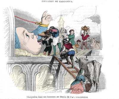 Gargantua, Figur aus den Romanen von Francois Rabelais (1483-1553), französischer Schriftsteller: „Die Erziehung von Gargantua“ Gargantua in seiner Wiege. Illustration von Gerard Grandville (1803-1847) 19. Jahrhundert von Grandville