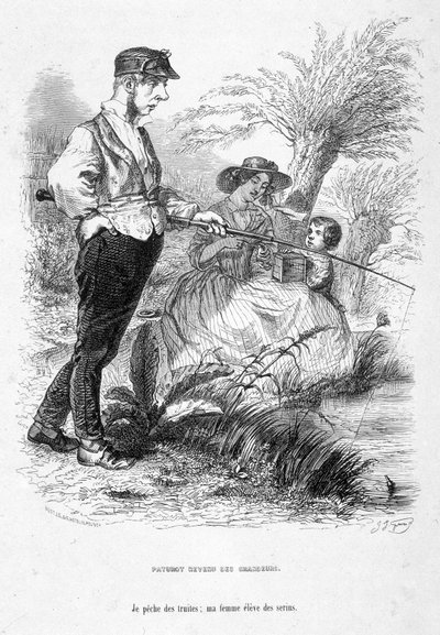 Jérôme Paturot gibt seine Ideen von Größe auf, angelt, während seine Frau sich um ihr Kind kümmert. Karikatur in „Jérôme Paturot auf der Suche nach einer sozialen Position“ von Louis Reybaud von Grandville