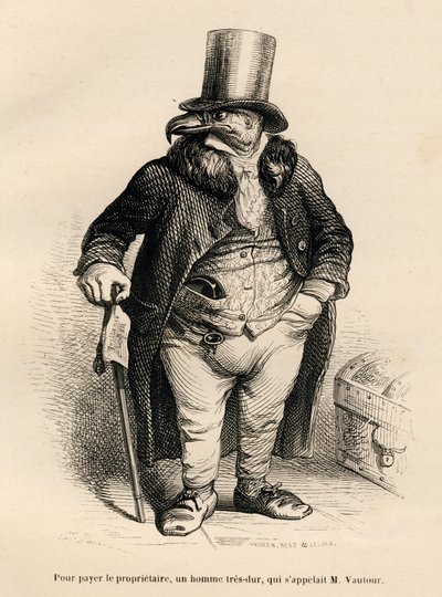 Der Geier als Immobilienbesitzer. Vignetten illustriert von JJ Granville. Gravur signiert Andrew, Best und Leloir in der Partie "Histoire d
