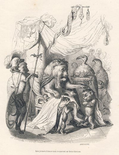 Die jungen Löwen erhalten den Segen des Löwenkönigs. Vignetten illustriert von JJ Granville. Gravur signiert von Breviere im Teil "Reise eines Löwen aus Afrika nach Paris" geschrieben von Honoré de Balzac in "Szenen aus dem privaten und öffentlichen Leben  von Grandville