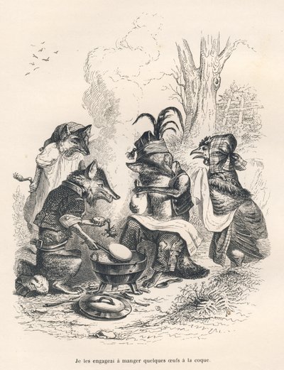 Füchse essen Eier vor einem weinenden Huhn. Vignetten illustriert von JJ Granville. Gravur signiert Godard im Teil "Ein Fuchs in der Falle" geschrieben von Charles Nodier in "Szenen aus dem privaten und öffentlichen Leben der Tiere" von Grandville