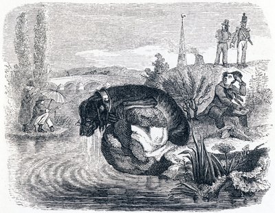 Der Hund, der seine Beute für den Schatten aufgibt - Fabeln von La Fontaine von Grandville