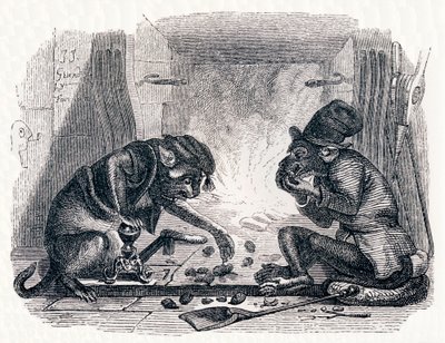 Der Esel und die Katze - Fabeln von La Fontaine von Grandville