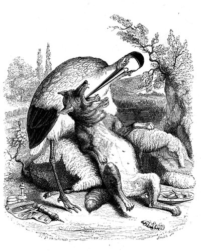 Der Wolf und der Storch: La Fontaine-Fabel illustriert von Grandville. Ausgabe Garnier 1860. Der Storch wird als Arzt dargestellt (schlechte Belohnung für seine Hingabe!). von Grandville (1803 47)