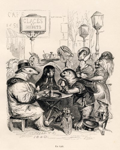 Ein Café, das von Tieren aller Art besucht wird. Vignetten illustriert von JJ Granville. Gravur signiert Godard im Teil "Reise eines Löwen aus Afrika nach Paris" geschrieben von Honoré de Balzac in "Szenen aus dem privaten und öffentlichen Leben der Tiere" von Grandville