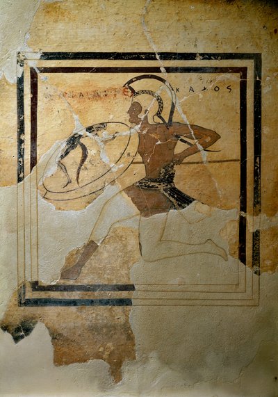 Griechische Kunst: Pynax (Votivtafel) aus Terrakotta, die einen Hopliten im vollen Lauf darstellt 520-510 v. Chr. Athen, Akropolis Museum (inv. 67) von Greek
