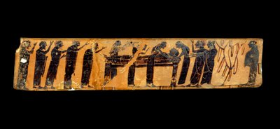 Griechische Kunst: Fragment einer Vase mit schwarzen Figuren in Keramik, die eine Beerdigungszeremonie darstellt: Darstellung des Leichnams des Verstorbenen und der obligatorischen Klagen um das Totenbett, 6. Jahrhundert v. Chr. Paris, Louvre von Greek