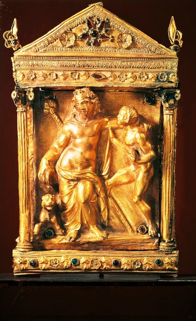 Naiskos mit betrunkenem Dionysos und Satyr, kleiner hellenistischer Tempel mit Granaten und Smaragden aus Thessalien, 2. Jahrhundert v. Chr. von Greek